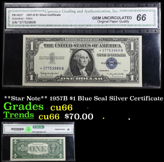 **Star Note** 1957B $1 Blue Seal Silver Certificate Graded cu66 By CGA