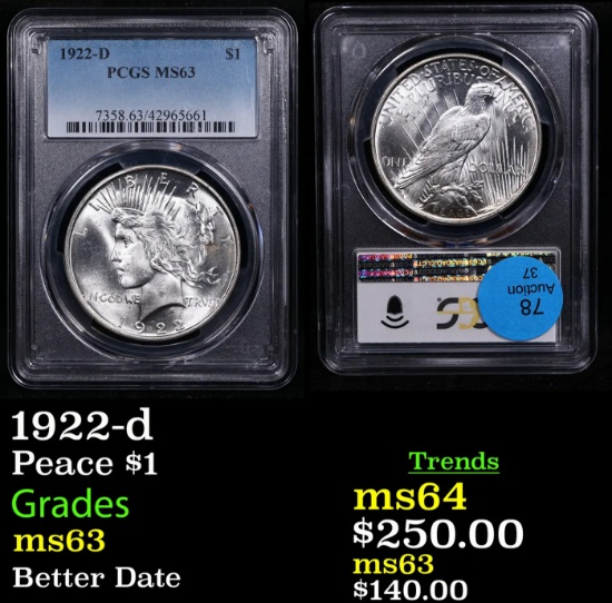 $ PCGS 1922-d Peace Dollar 1 Graded ms63 By PCGS