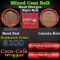 Mixed small cents 1c orig shotgun roll, 1917-d Lincoln Cent, Wheat Cent other end, Coca-Cola Brandt