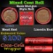 Mixed small cents 1c orig shotgun roll, 1925-p Lincoln Cent, Wheat Cent other end, Coca-Cola Brandt