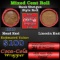 Mixed small cents 1c orig shotgun roll, 1919-p Lincoln Cent, Wheat Cent other end, Coca-Cola Brandt