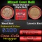 Mixed small cents 1c orig shotgun roll, Wheat Cent, 1920-p Lincoln Cent other end, Coca-Cola Brandt