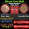 Mixed small cents 1c orig shotgun roll, 1911-d Lincoln Cent, Wheat Cent other end, Coca-Cola Brandt