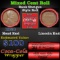 Mixed small cents 1c orig shotgun roll, 1920-p Lincoln Cent, Wheat Cent other end, Coca-Cola Brandt