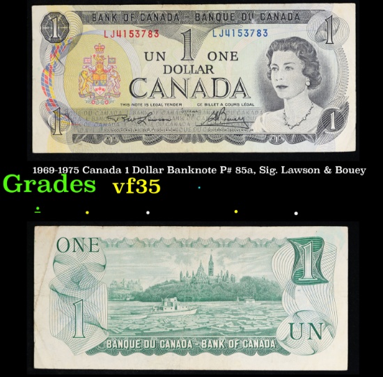 1969-1975 Canada 1 Dollar Banknote P# 85a, Sig. Lawson & Bouey Grades vf++
