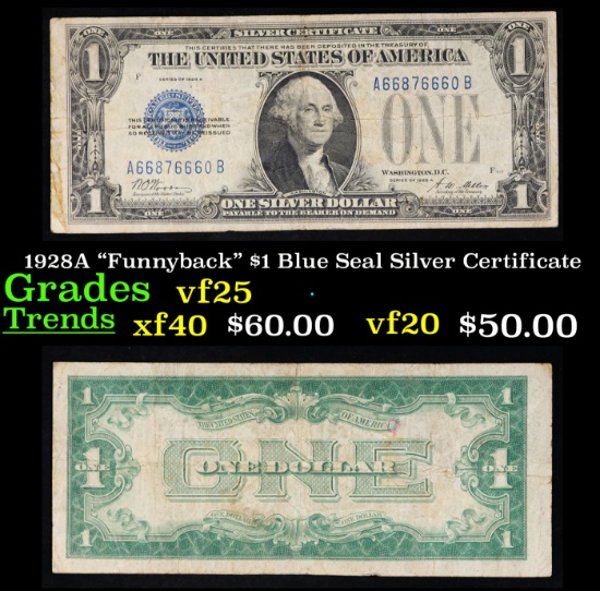 1928A "Funnyback" $1 Blue Seal Silver Certificate Grades vf+