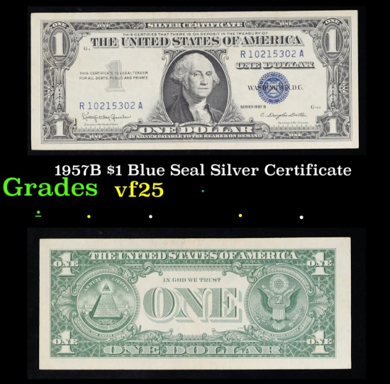 1957B $1 Blue Seal Silver Certificate Grades vf+