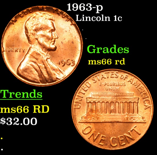 1963-p Lincoln Cent 1c Grades GEM+ Unc RD