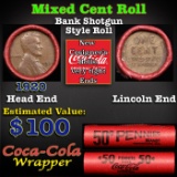 Mixed small cents 1c orig shotgun roll, 1929-p Lincoln Cent, Wheat Cent other end, Coca-Cola Brandt