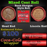 Mixed small cents 1c orig shotgun roll, 1919-p Lincoln Cent, Wheat Cent other end, Coca-Cola Brandt