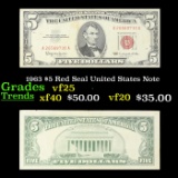 1963 $5 Red Seal United States Note Grades vf+
