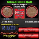 Mixed small cents 1c orig shotgun roll, 1927-p Lincoln Cent, Wheat Cent other end, Coca-Cola Brandt