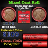Mixed small cents 1c orig shotgun roll, 1910-p Lincoln Cent, 1919-s Lincoln Cent other end, Coca-Col