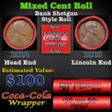 Mixed small cents 1c orig shotgun roll, 1919-p Lincoln Cent, 1918-p Lincoln Cent other end, Coca-Col