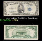 1953 $5 Blue Seal Silver Certificate Grades vf+