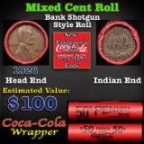 Mixed small cents 1c orig shotgun roll, 1926-p Lincoln Cent, Indian Cent other end, Coca-Cola Brandt