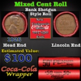 Mixed small cents 1c orig shotgun roll, 1925-p Lincoln Cent, Wheat Cent other end, Coca-Cola Brandt