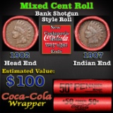 Mixed small cents 1c orig shotgun roll, 1907 Indian Cent, 1902 Indian Cent other end, Coca-Cola Bran