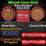 Mixed small cents 1c orig shotgun roll, 1919-p Lincoln Cent, Wheat Cent other end, Coca-Cola Brandt
