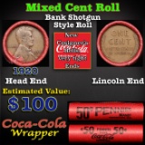 Mixed small cents 1c orig shotgun roll, Wheat Cent, 1920-p Lincoln Cent other end, Coca-Cola Brandt