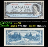 1961-1972 (1954 Modified Hair Issue) Canada 5 Dollars Banknote P# 77b, Sig. Beattie & Rasminsky Grad