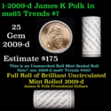 Full Roll of 2009-d James K. Polk Presidential $1 Coin Rolls in Original Dunbar Wrapper. 25 coins in