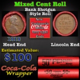 Mixed small cents 1c orig shotgun roll, Wheat Cent, 1919-p Lincoln Cent other end, Coca-Cola Brandt