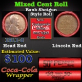 Mixed small cents 1c orig shotgun roll, 1911-d Lincoln Cent, Wheat Cent other end, Coca-Cola Brandt
