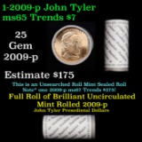 Full Roll of 2009-p John Tyler Presidential $1 Coin Rolls in Dunbar Bank Wrapper. 25 coins in total.