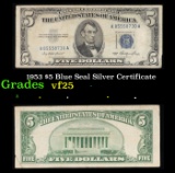 1953 $5 Blue Seal Silver Certificate Grades vf+