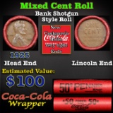 Mixed small cents 1c orig shotgun roll, Wheat Lincoln Cent, 1928-p Lincoln Cent other end, Coca-Cola