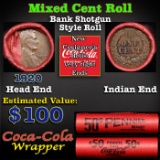 Mixed small cents 1c orig shotgun roll, 1929-p Lincoln Cent, Indian Cent other end, Coca-Cola Brandt