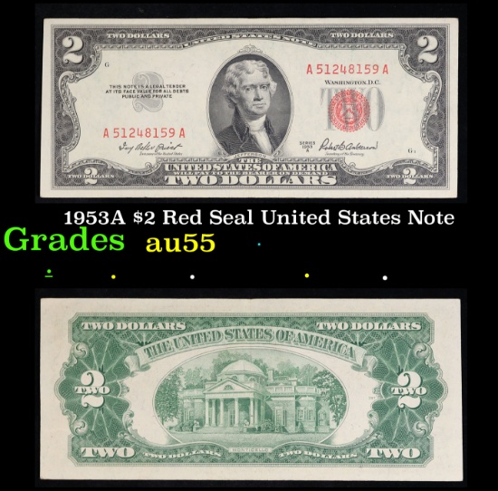 1953A $2 Red Seal United States Note Grades Choice AU
