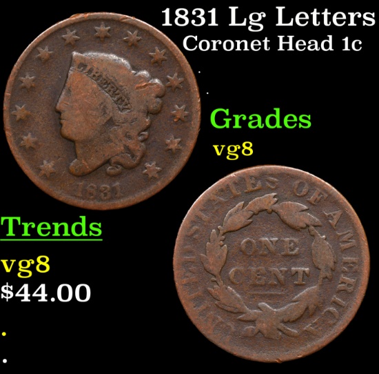 1831 Lg Letters Coronet Head Large Cent 1c Grades vg, very good