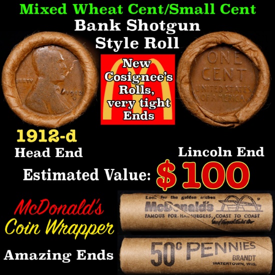 Mixed small cents 1c orig shotgun roll, 1912-d Lincoln Cent,wheat Cent other end, McDonalds Brandt W