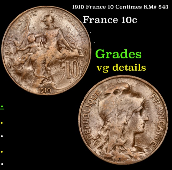 1910 France 10 Centimes KM# 843 Grades vg details