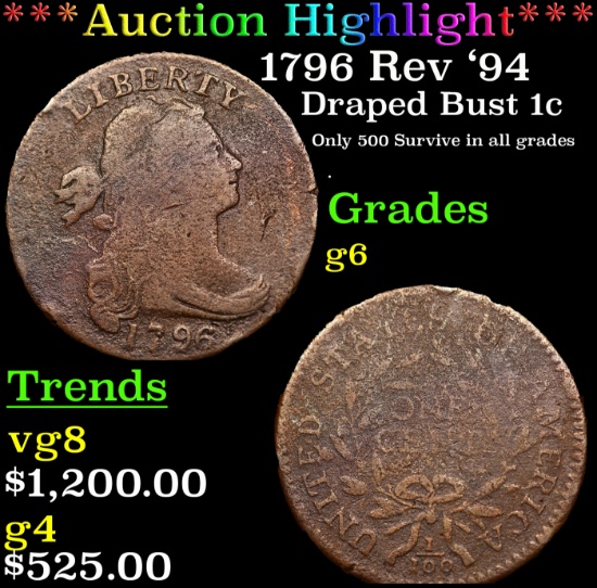 ***Auction Highlight*** 1796 Rev '94 Draped Bust Large Cent 1c Grades g+ (fc)