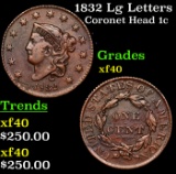 1832 Lg Letters Coronet Head Large Cent 1c Grades xf