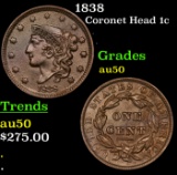 1838 Coronet Head Large Cent 1c Grades AU, Almost Unc