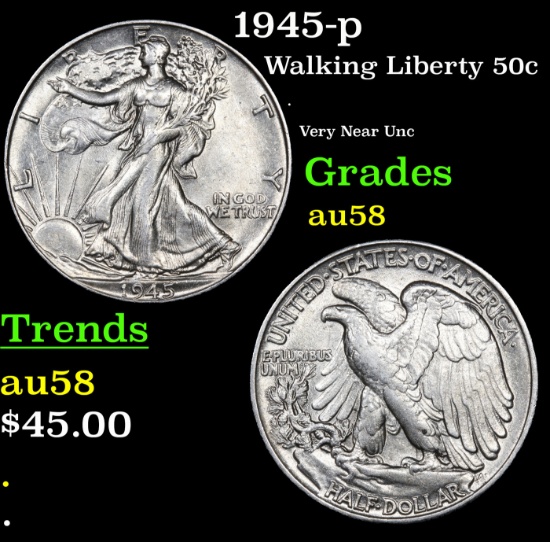1945-p Walking Liberty Half Dollar 50c Grades Choice AU/BU Slider