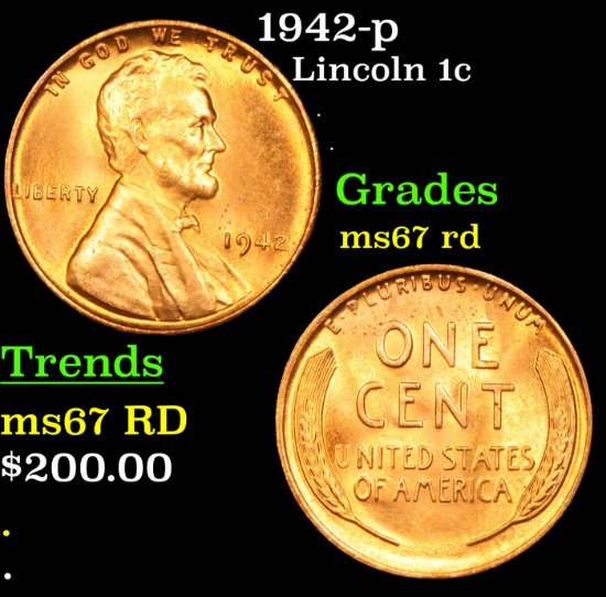 1942-p Lincoln Cent 1c Grades GEM++ Unc RD