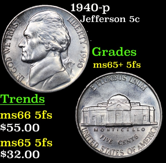 1940-p Jefferson Nickel 5c Grades GEM+ 5fs