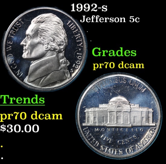 Proof 1992-s Jefferson Nickel 5c Grades GEM++ Proof Deep Cameo