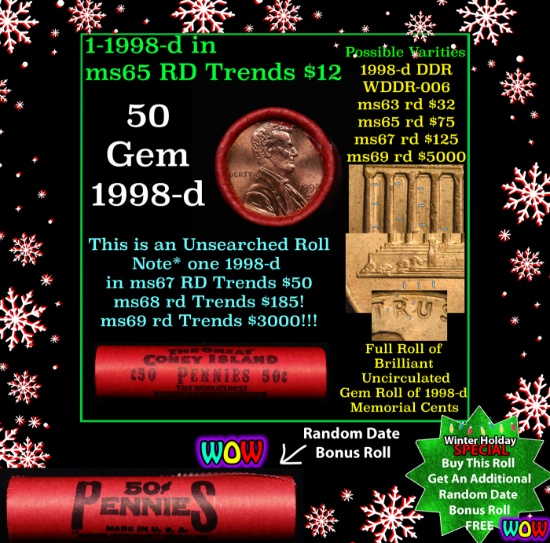 BU Shotgun Lincoln 1c roll, 1998-d 50 pcs Great Coney Island Wrapper 50c Grades