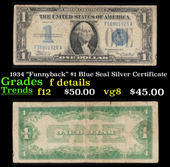 1934 $1 Blue Seal Silver Certificate "Funnyback" Grades f details