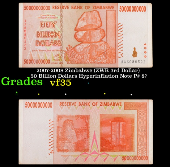 2007-2008 Zimbabwe (ZWR 3rd Dollar) 50 Billion Dollars Hyperinflation Note P# 87 Grades vf++