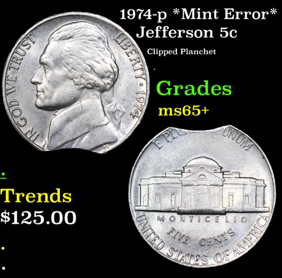 1974-p Jefferson Nickel *Mint Error* 5c Grades GEM+ Unc