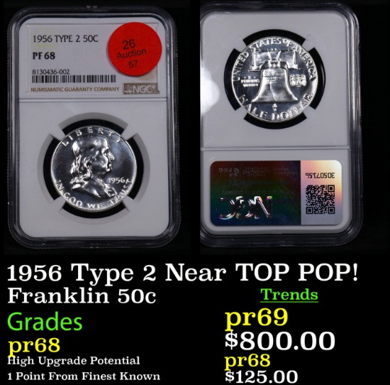 Proof NGC 1956 Type 2 Franklin Half Dollar Near TOP POP! 50c Graded pr68 By NGC
