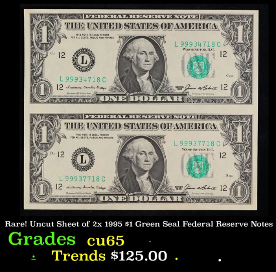 Rare! Uncut Sheet of 2x 1995 $1 Green Seal Federal Reserve Notes Grades Gem CU