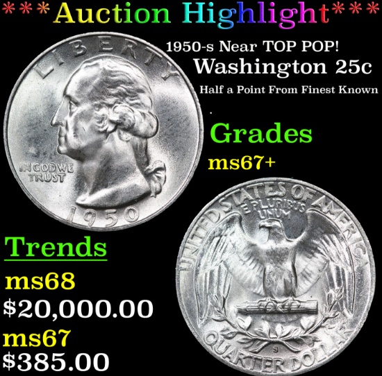 ***Auction Highlight*** 1950-s Washington Quarter Near TOP POP! 25c Graded ms67+ BY SEGS (fc)